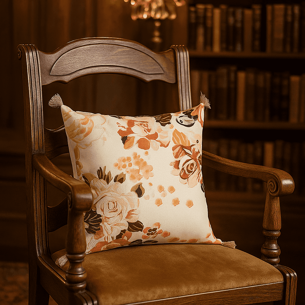 Velvet floral cushion cover at an angle