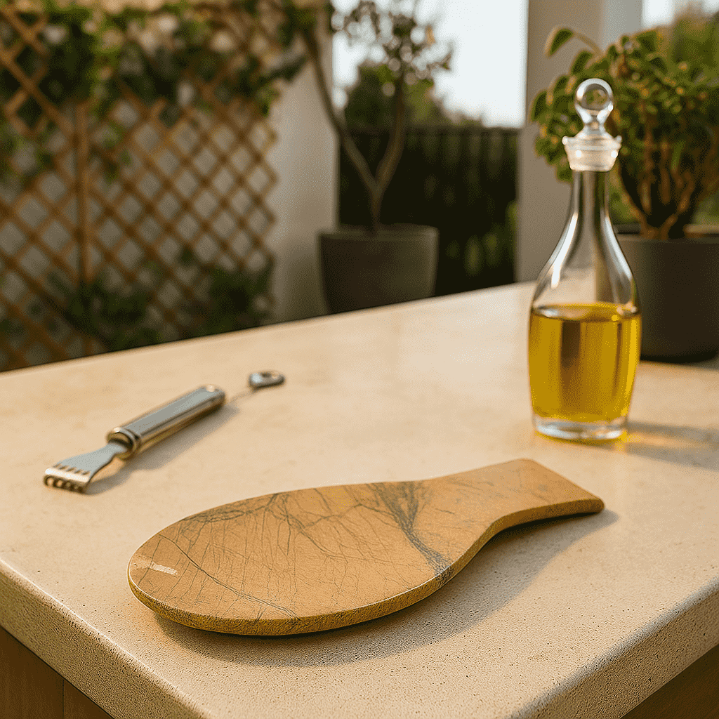 Ochre marble spoon rest on stove
