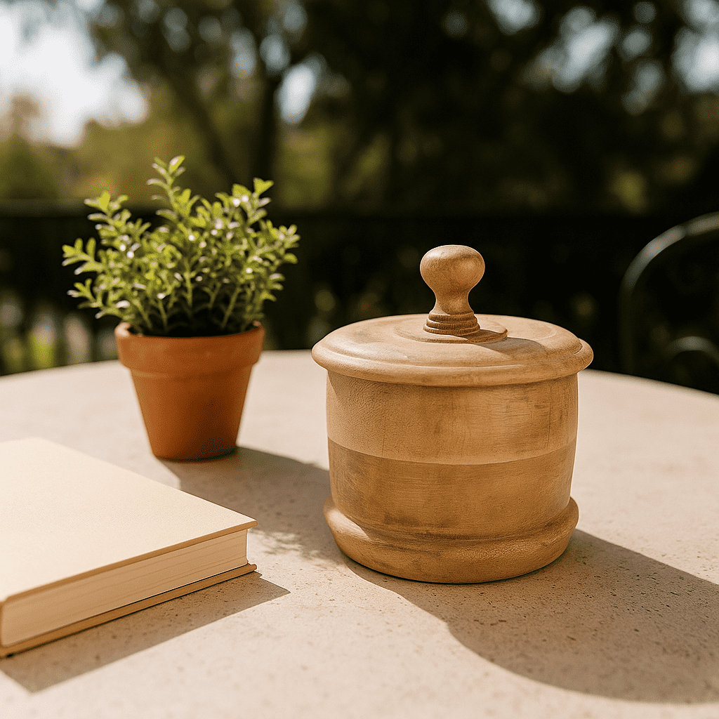 Round wooden jar lid open