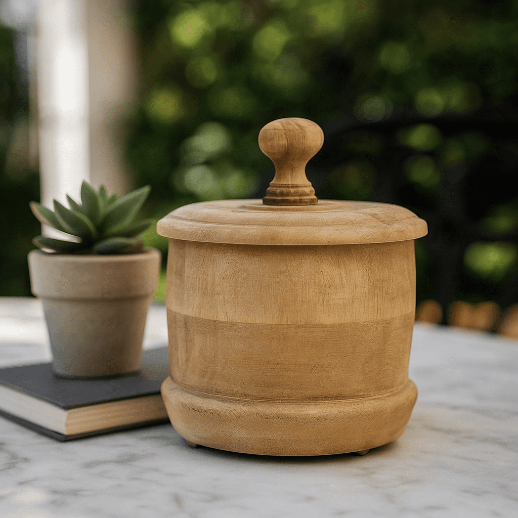 Round wooden jar on kitchen bench