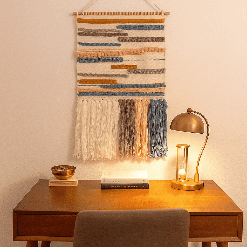 Broken lines wool wall hanging detail of fringe at the bottom