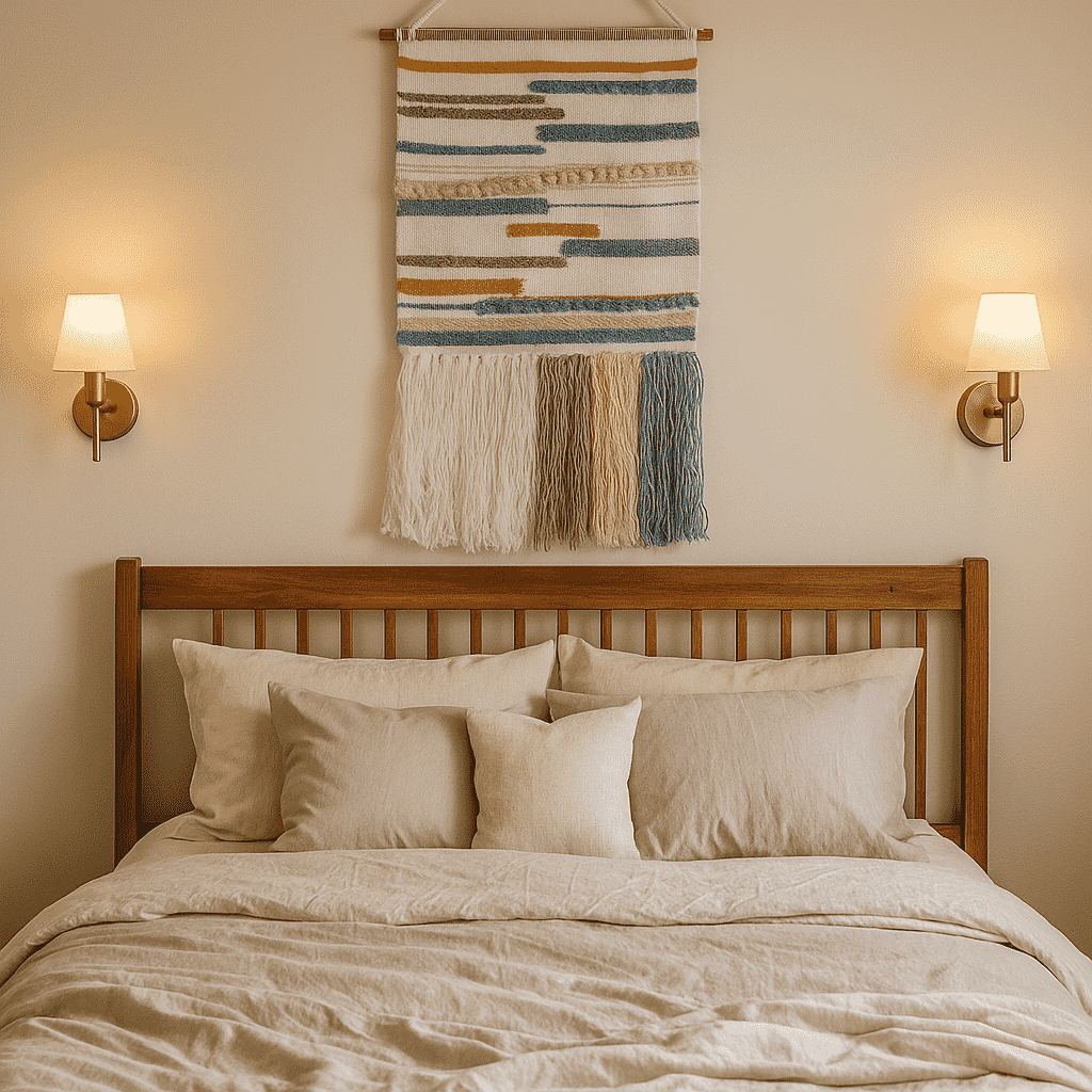 Broken lines wool wall hanging shown at an angle