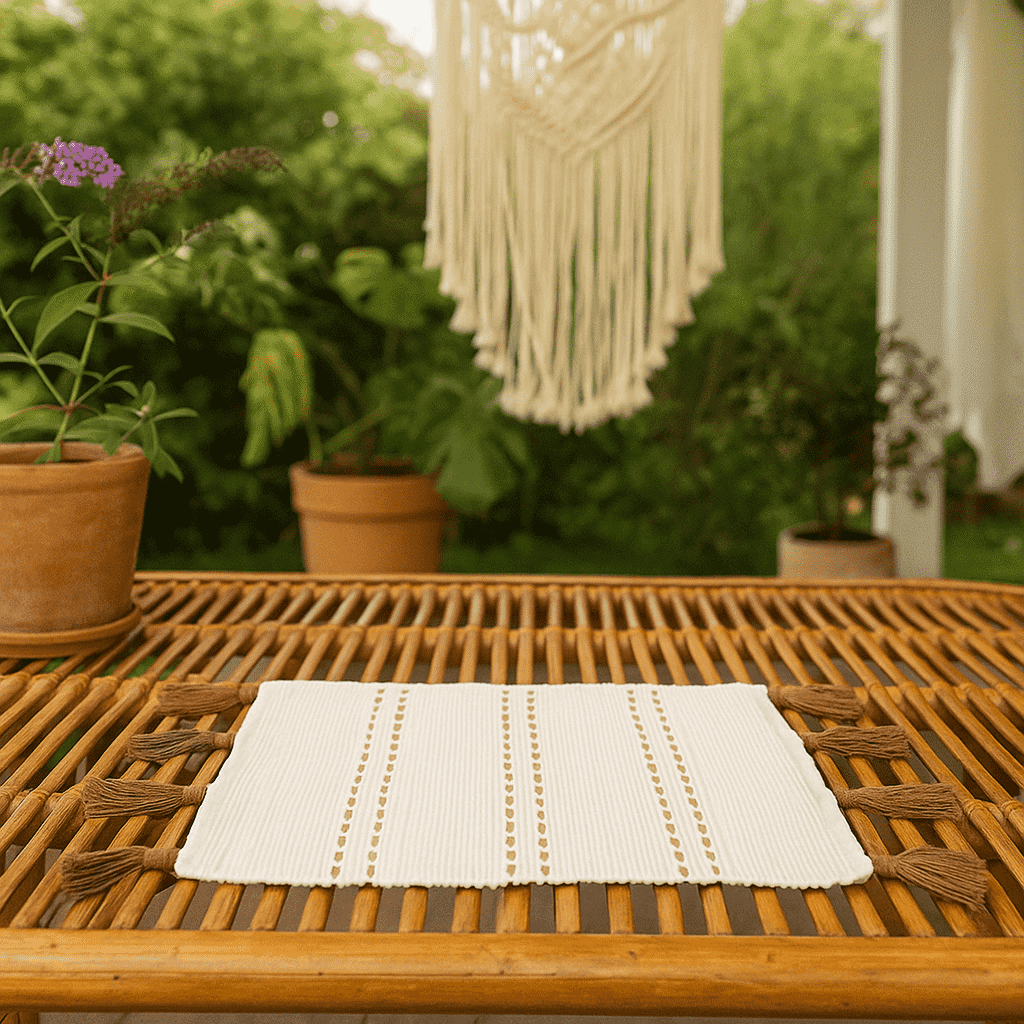 Umber placemats styled on a dining table