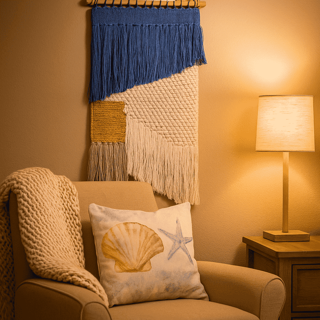 Coastal tasseled wall hanging shown at an angle for depth