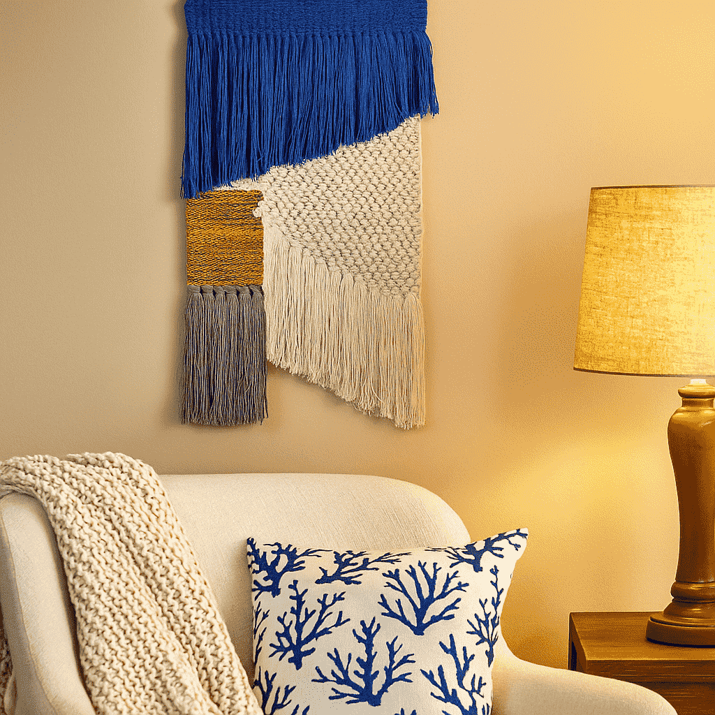 Coastal tasseled wall hanging close-up showing handwoven texture