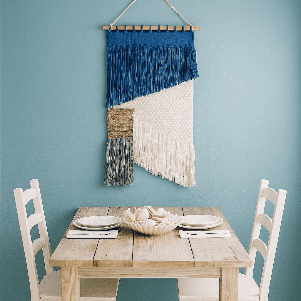 Coastal tasseled wall hanging shown over a reading nook