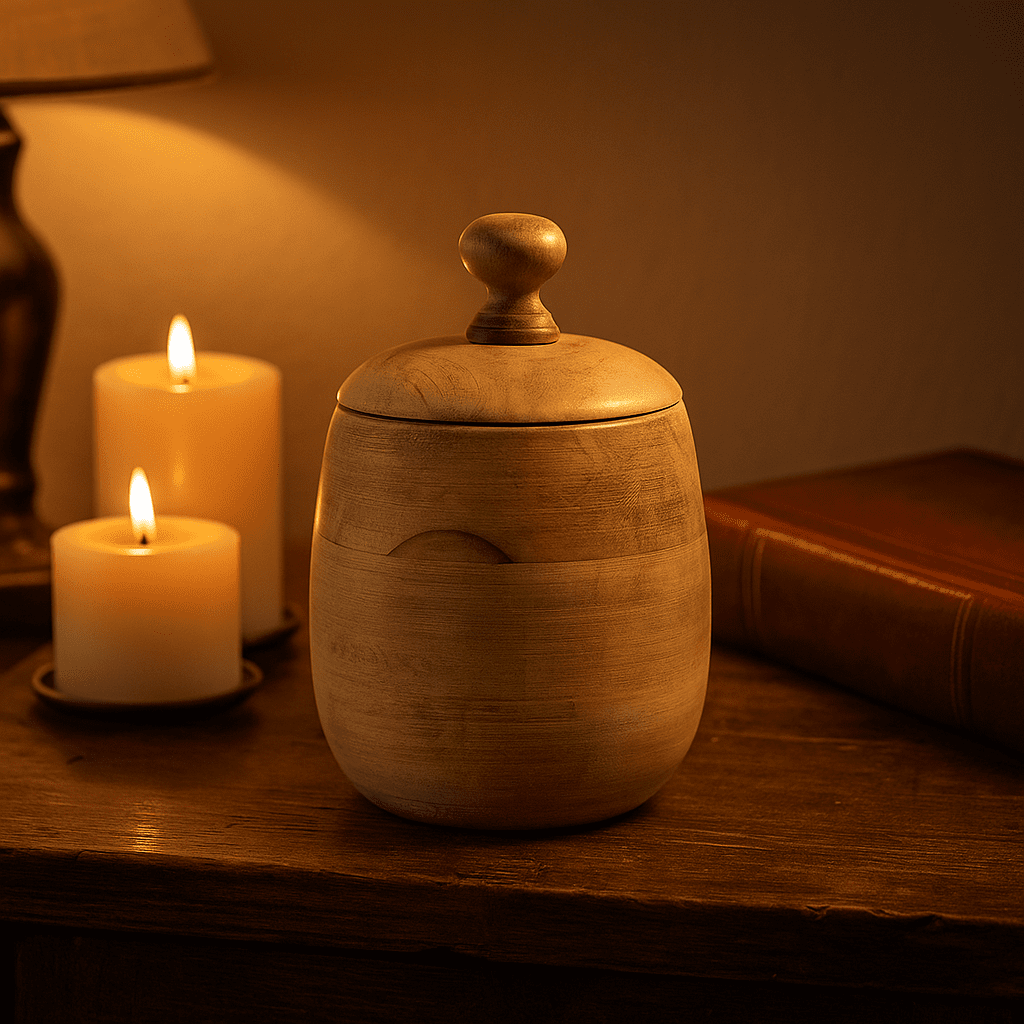 Barrel wooden jar lid off showing inside