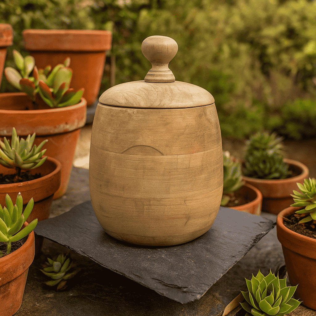Barrel wooden jar on kitchen bench