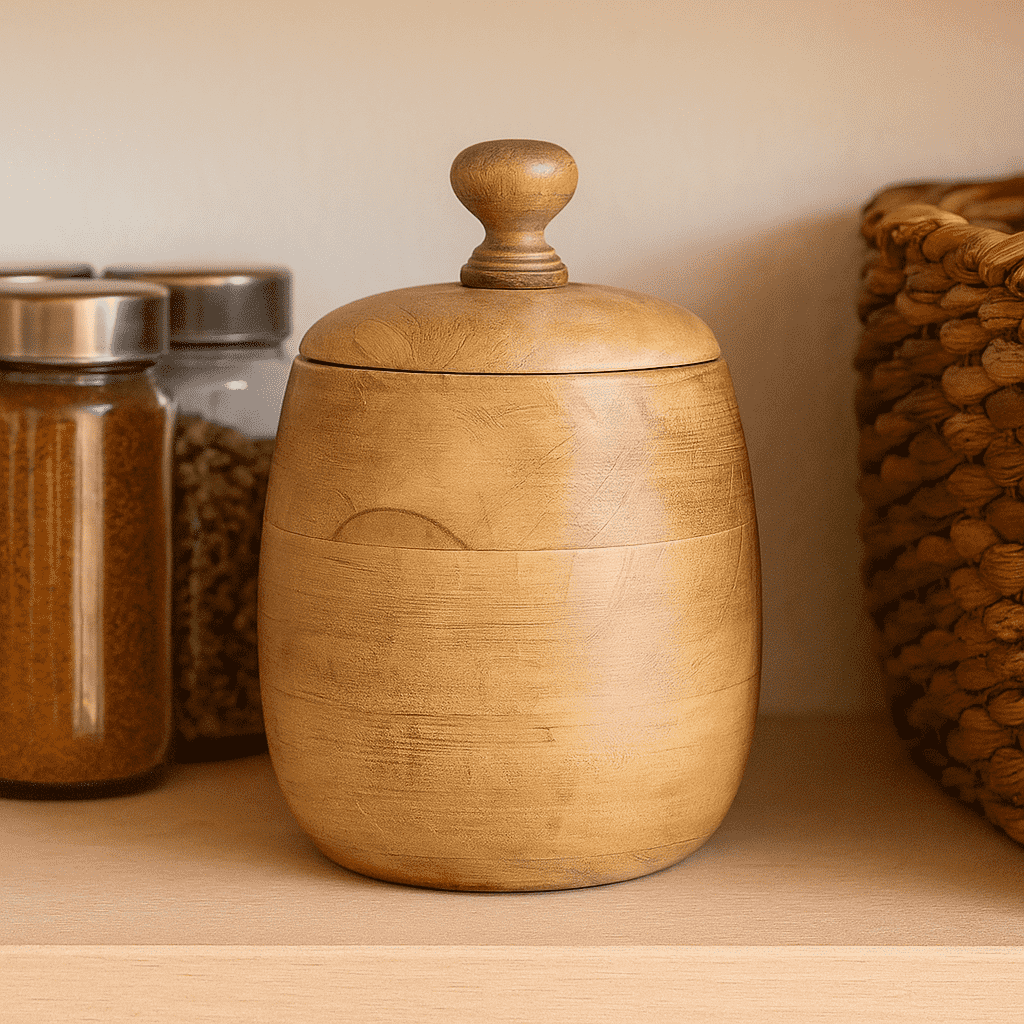 Barrel wooden jar close-up of grain