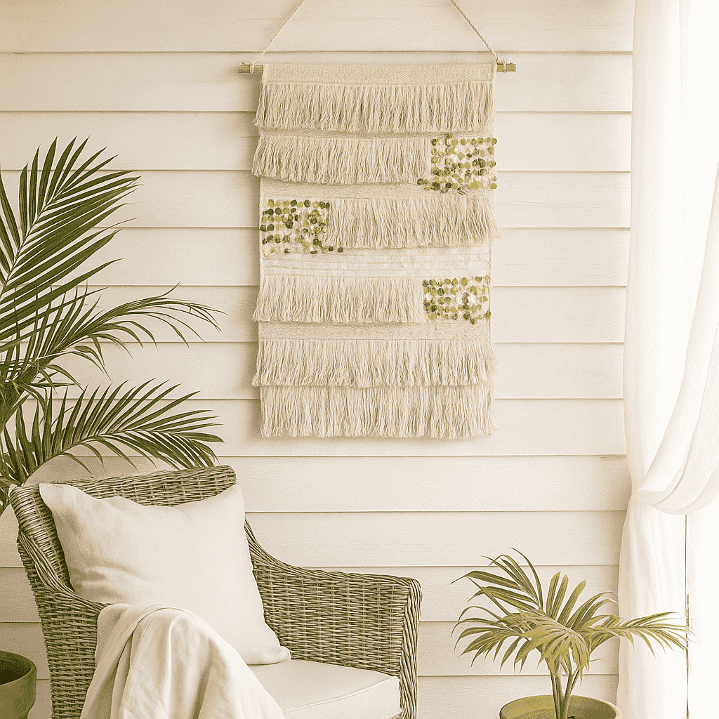 Sequin cotton wall hanging styled in an eclectic boho interior