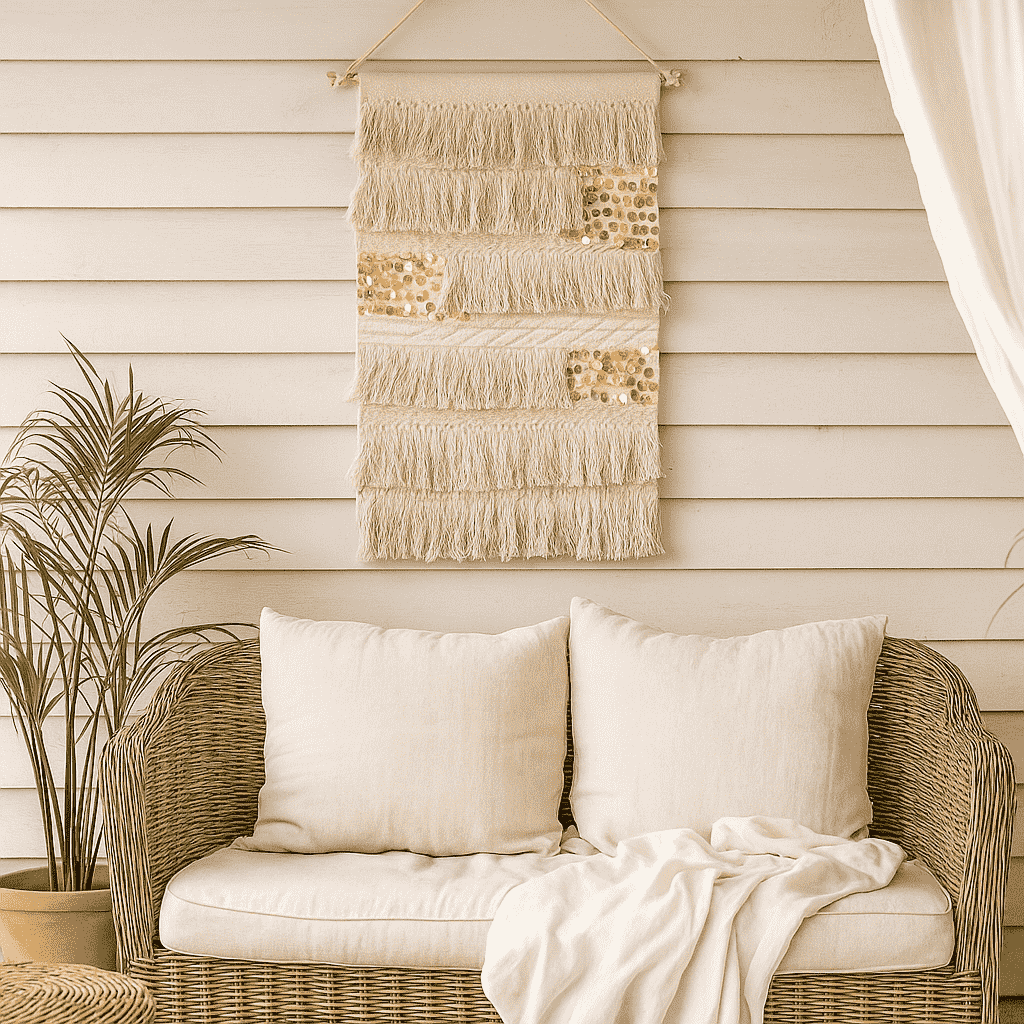 Sequin cotton wall hanging shown at an angle catching light