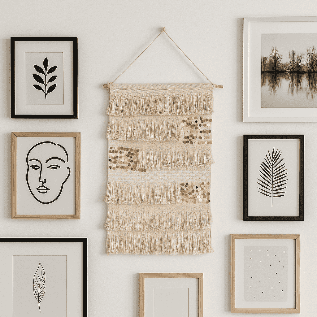 Sequin cotton wall hanging shown above a sofa setting