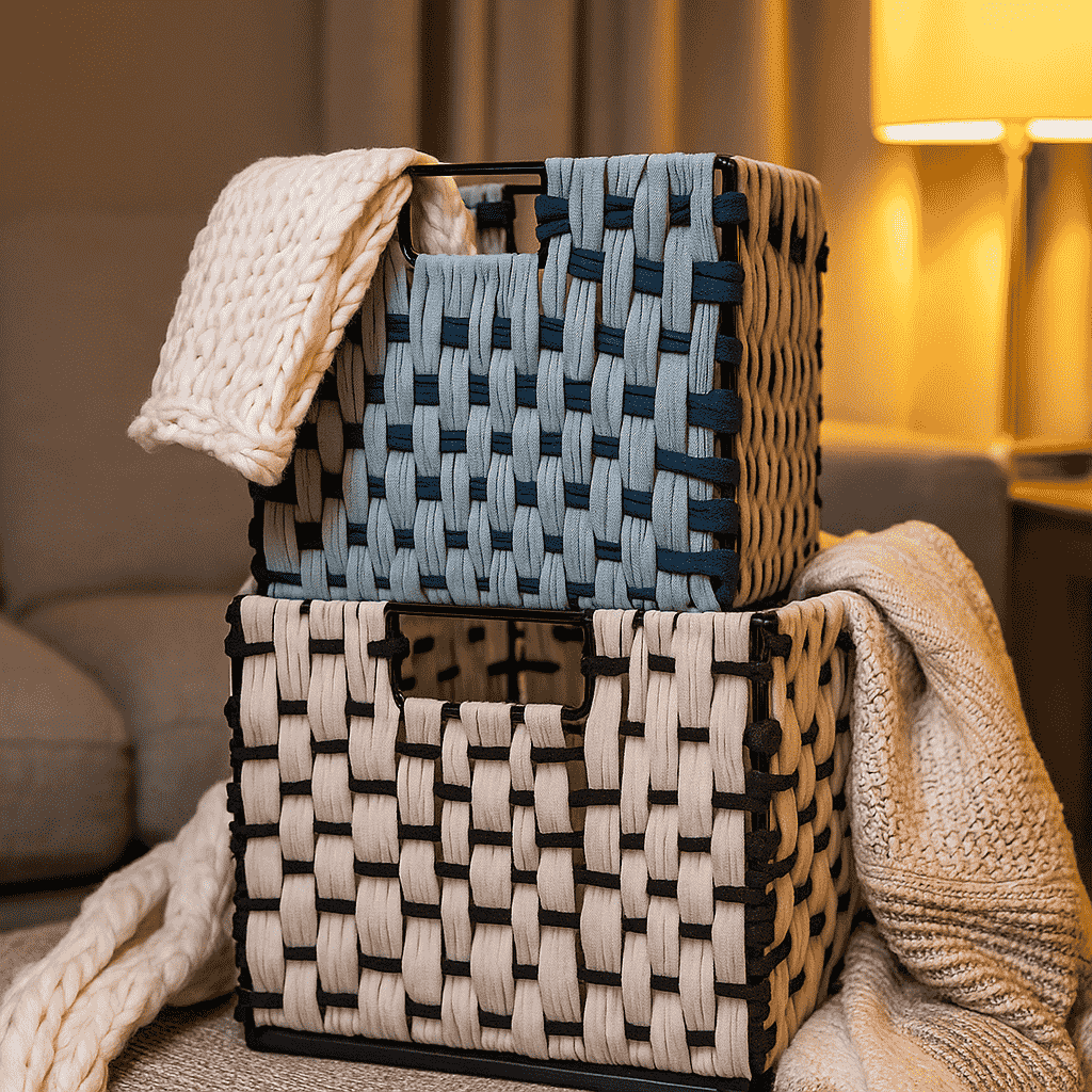 Check cotton baskets cosy display