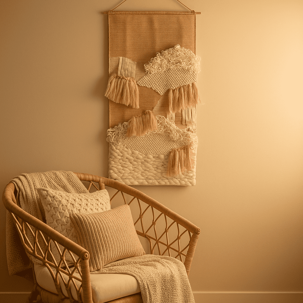 Earthy tufted wool wall hanging close-up of soft tufted surface