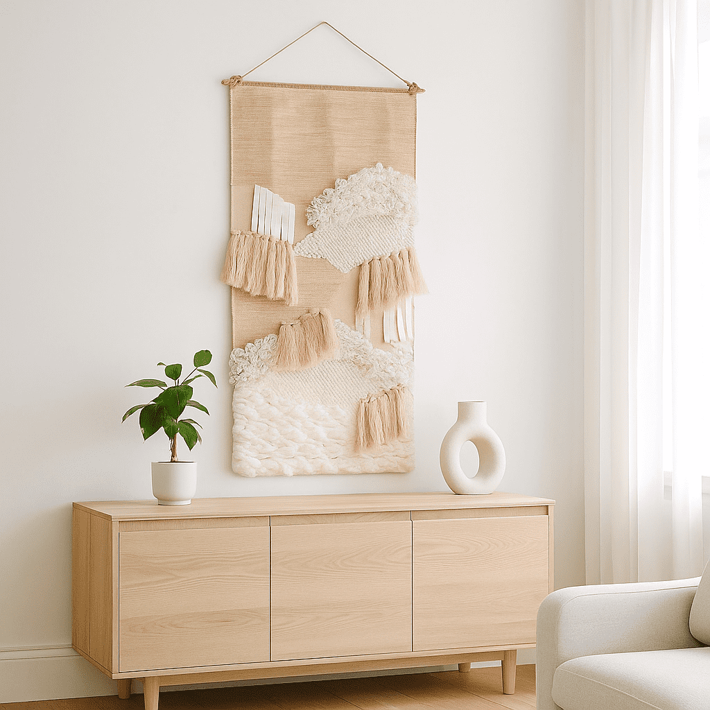 Earthy tufted wool wall hanging as a statement piece in a rustic room