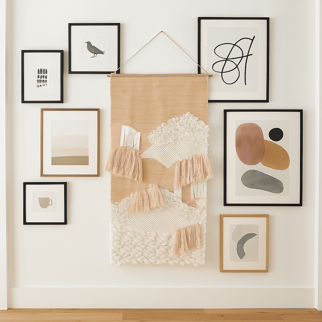 Earthy tufted wool wall hanging above a sofa