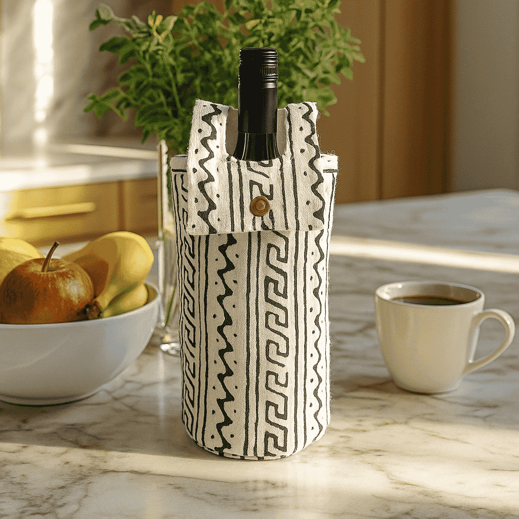 Tribal wine bag at an angle