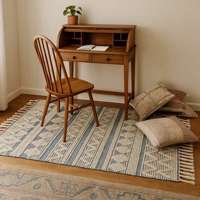 Panelled geometric rug styled on a floor