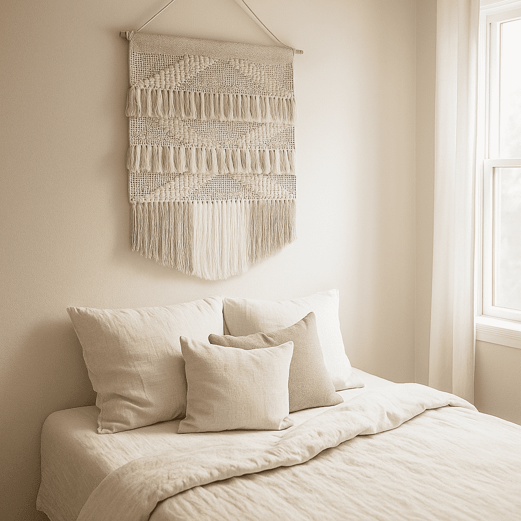 White and beige cotton wall hanging close-up of handwoven weave