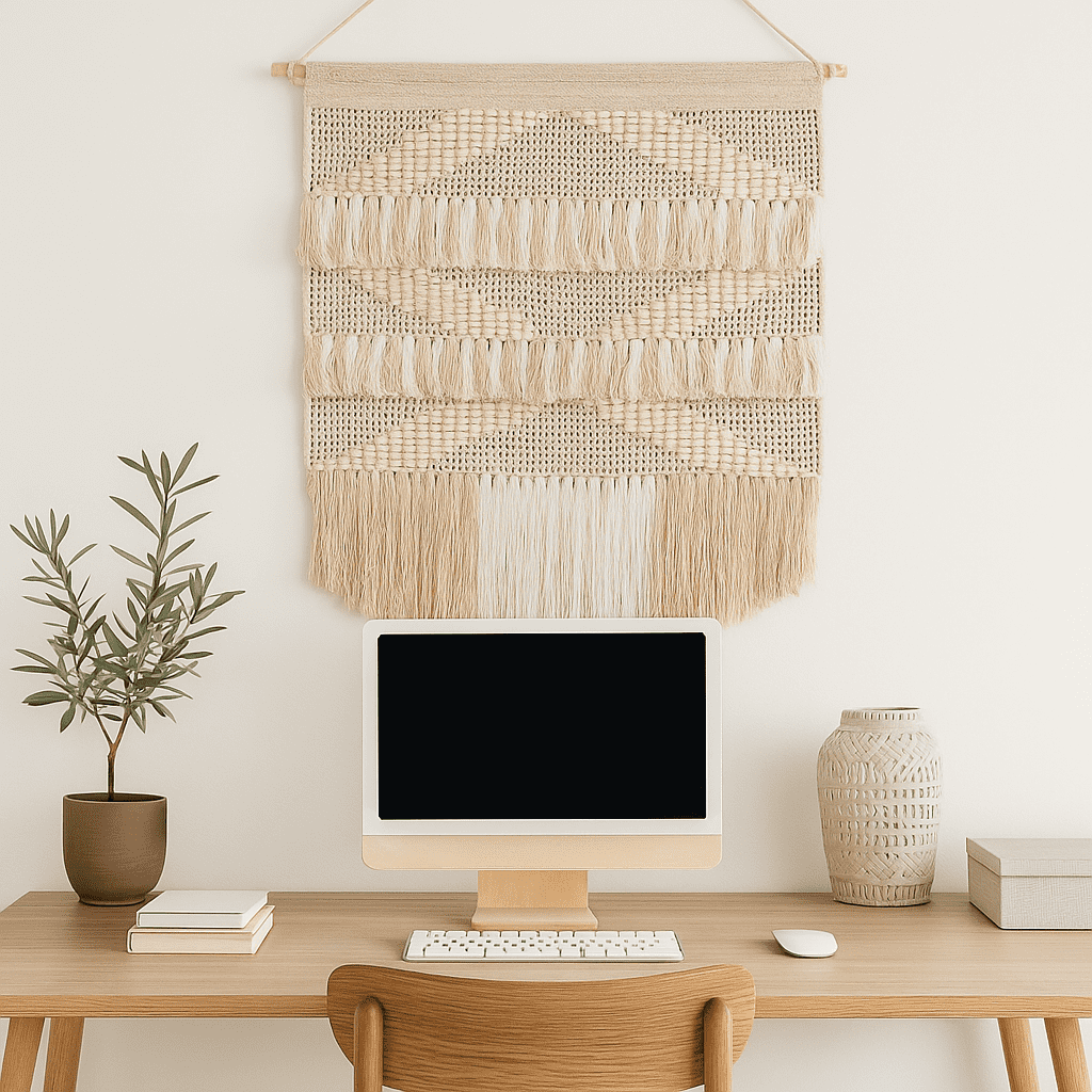 White and beige cotton wall hanging shown over a sofa setting
