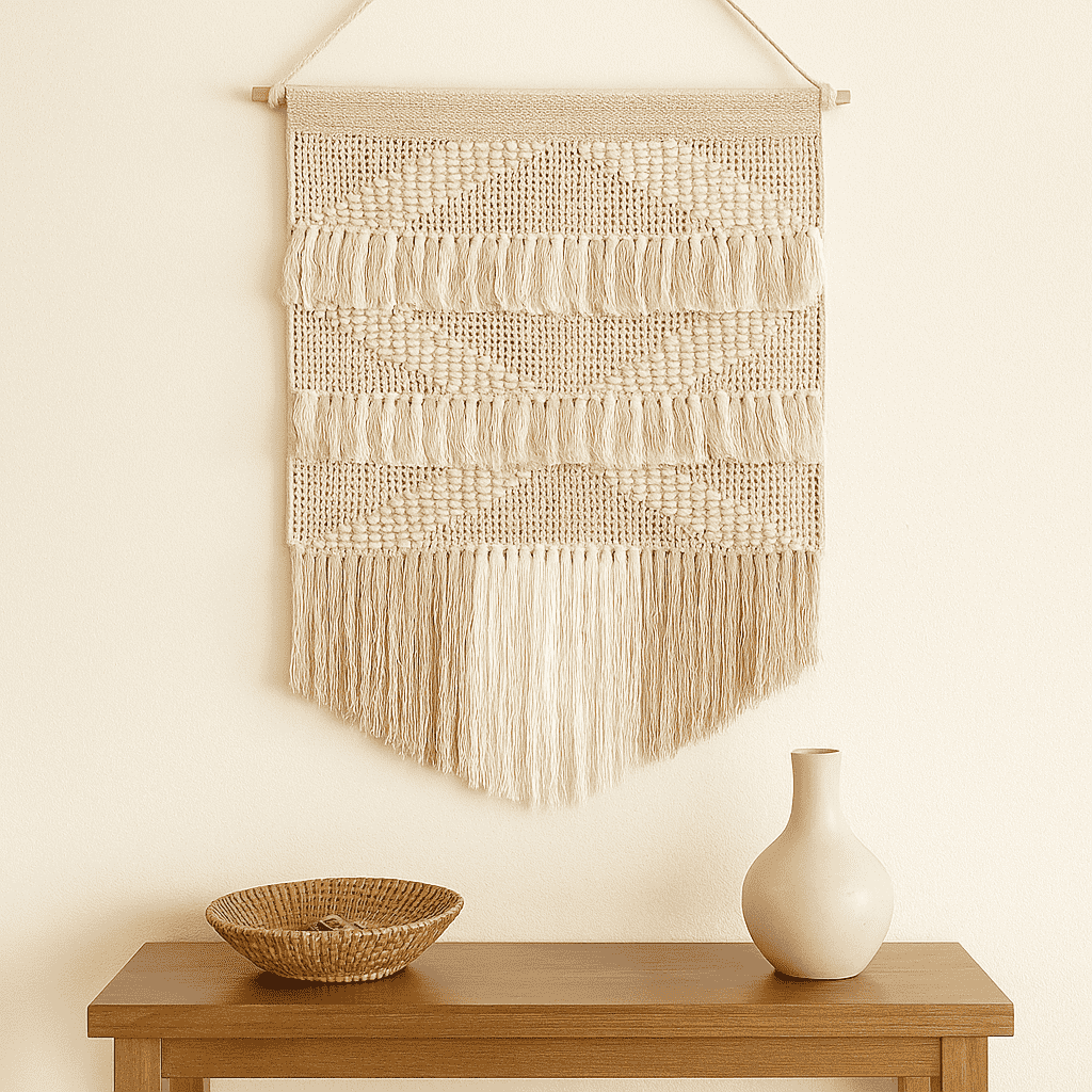 White and beige cotton wall hanging shown at an angle for depth