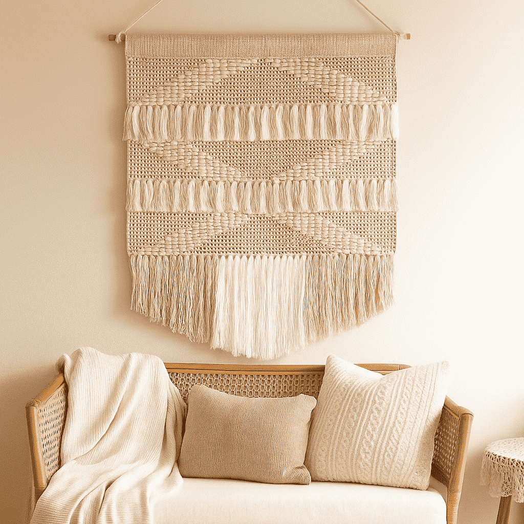White and beige cotton wall hanging styled in a coastal living room