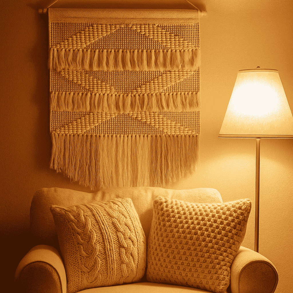 White and beige cotton wall hanging styled above a bedhead