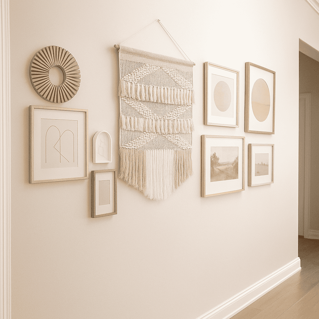 White and beige cotton wall hanging full straight-on view of soft palette