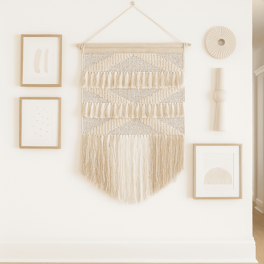 White and beige cotton wall hanging on a painted plaster wall