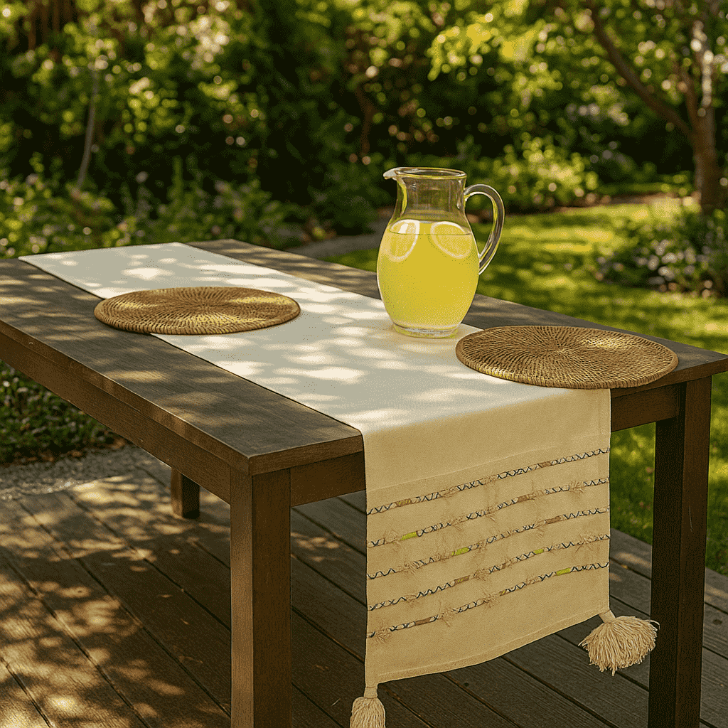 Striped tasseled runner styled on a dining table