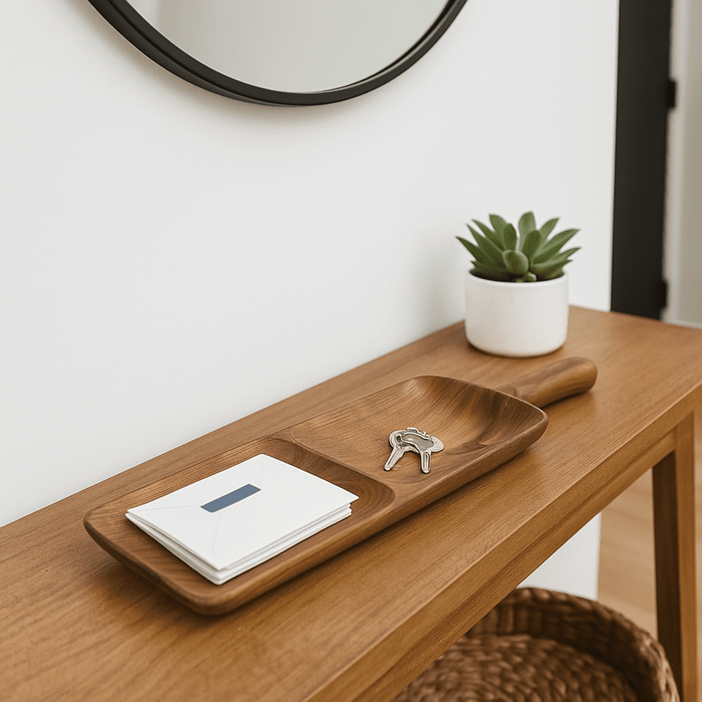 Wooden snack tray side view