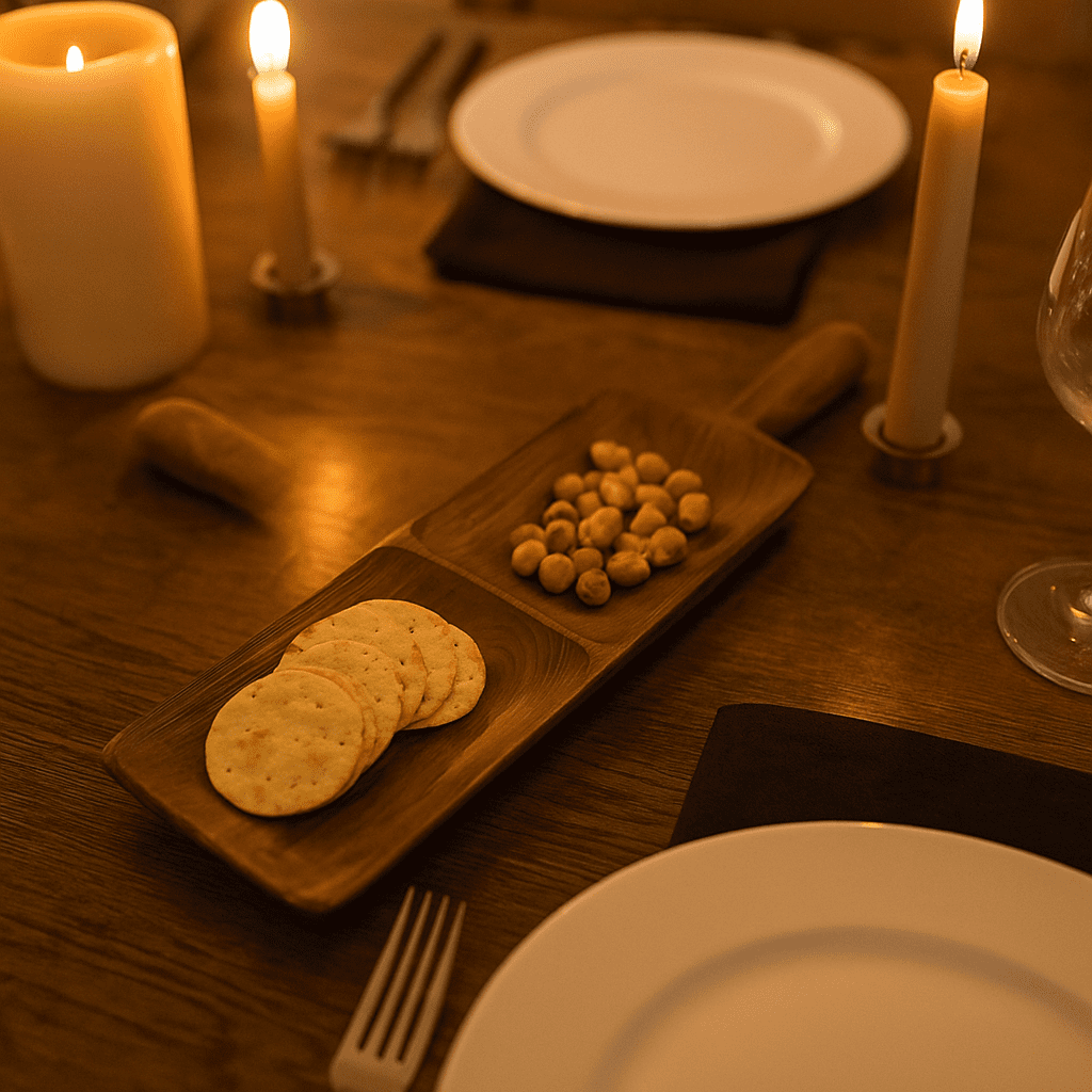 Wooden snack tray at an angle