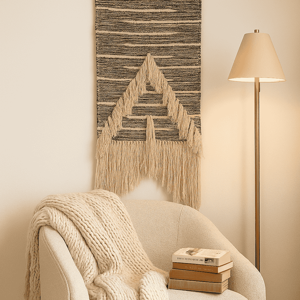Arrowhead wool and cotton wall hanging shown at an angle