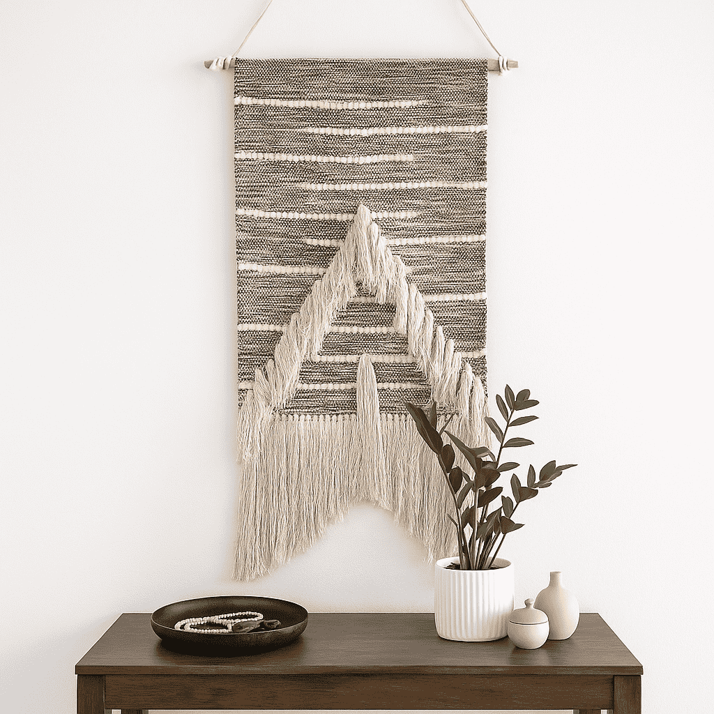 Arrowhead wool and cotton wall hanging in a styled boho room