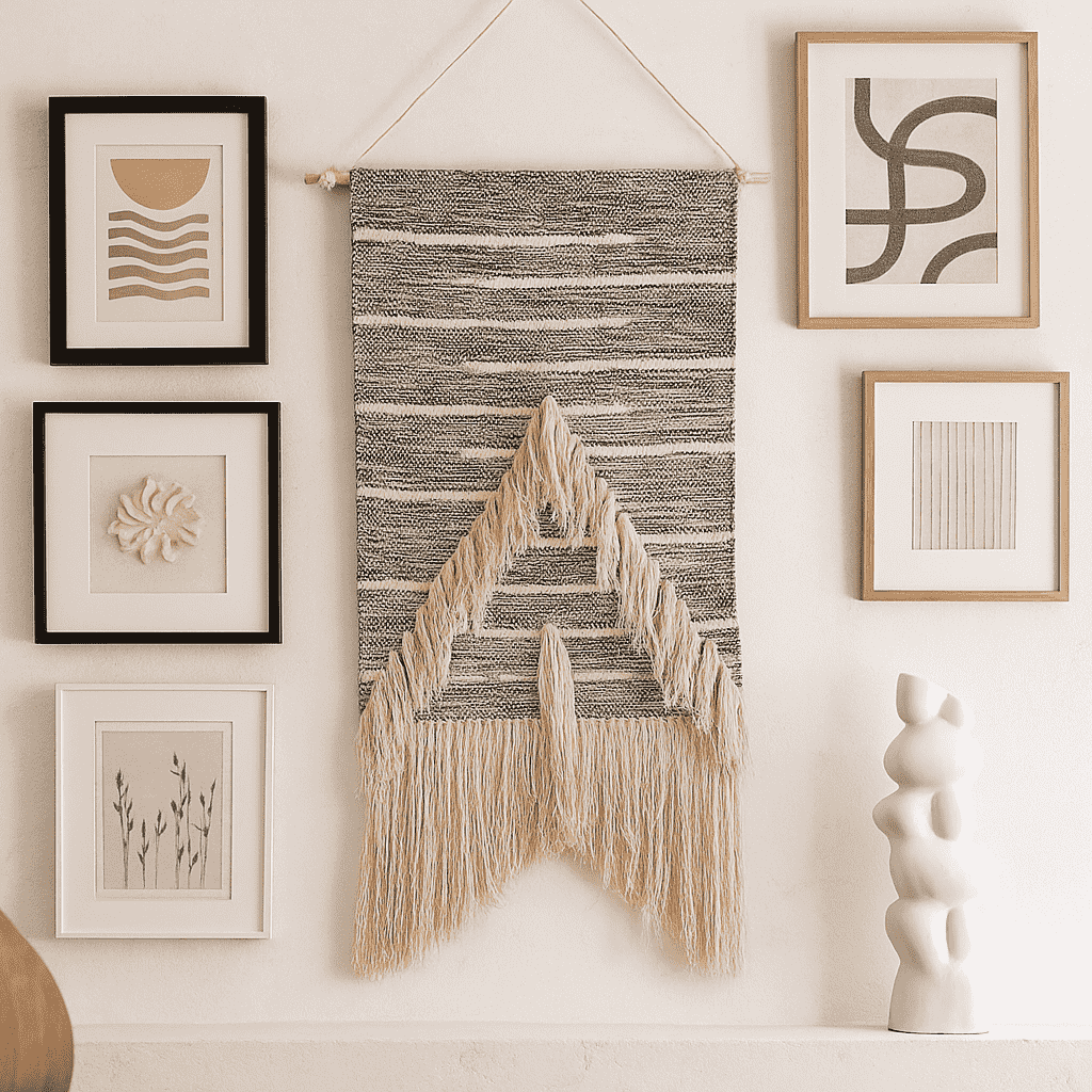 Arrowhead wool and cotton wall hanging on a plain wall