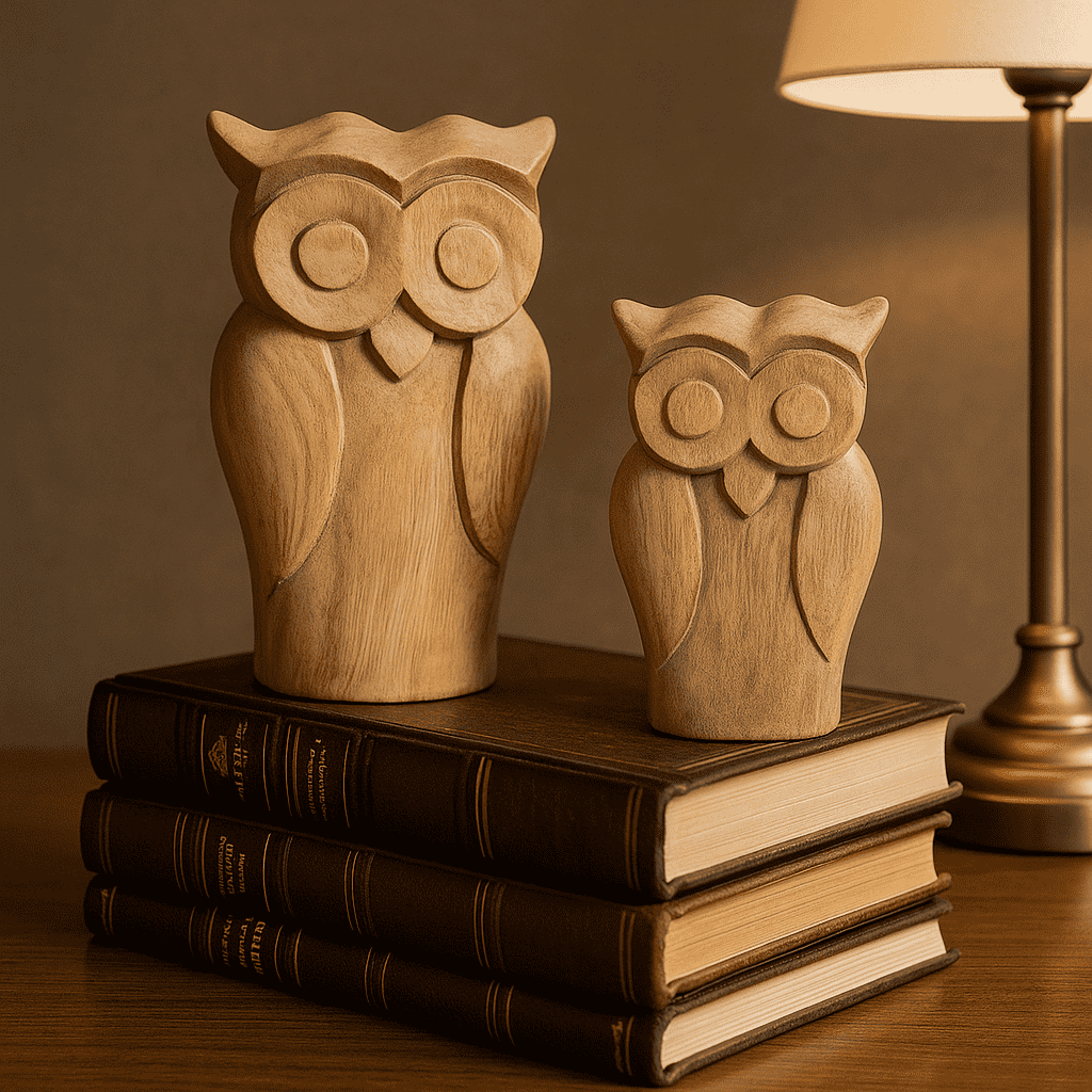 Wooden owl figurines close-up of carved details