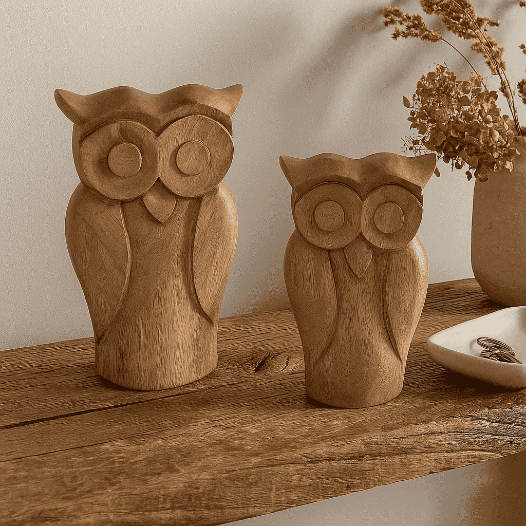 Wooden owl figurines on a shelf