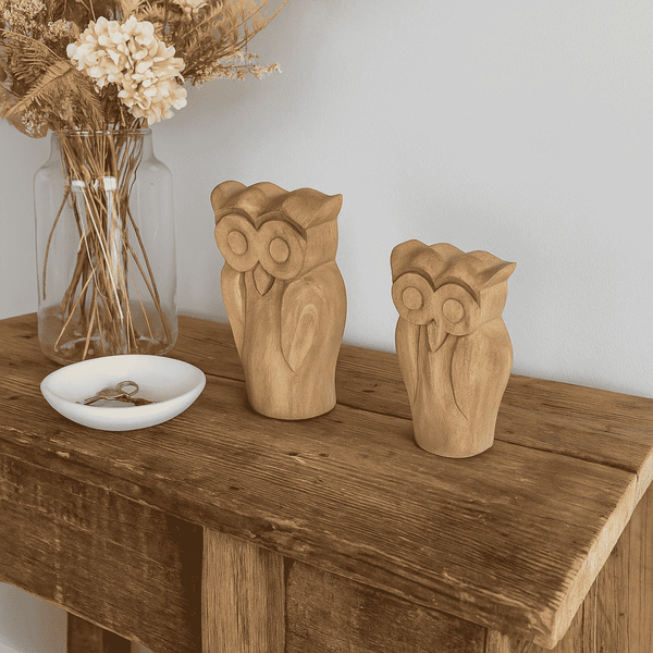 Wooden Owl Figurines | Hand Carved Set of 2 Tabletop Decor