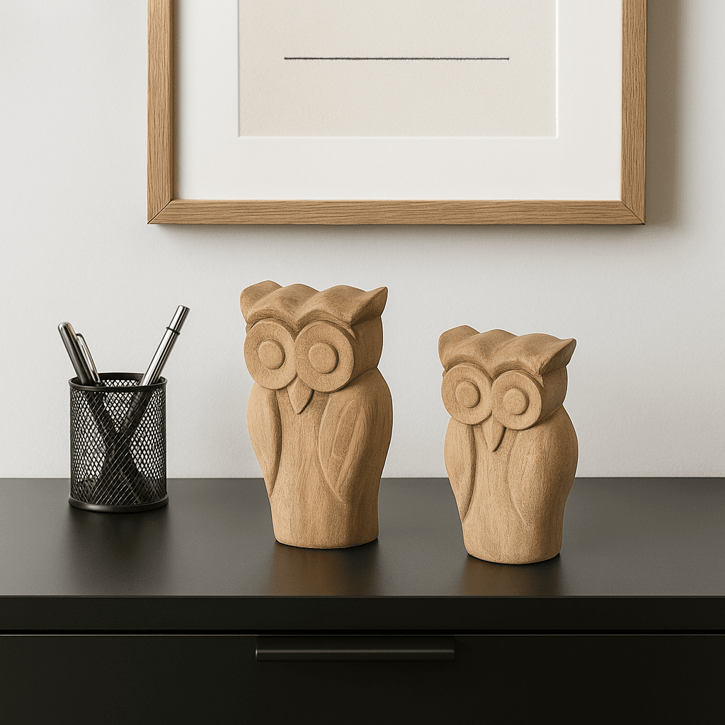 Wooden owl figurines at an angle