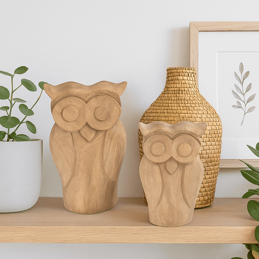 Wooden owl figurines side view