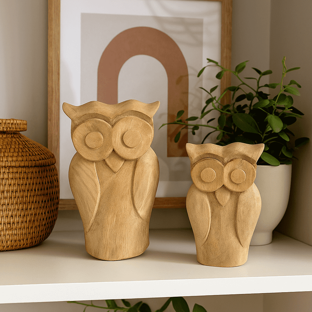 Wooden owl figurines hand carved by Gleemium