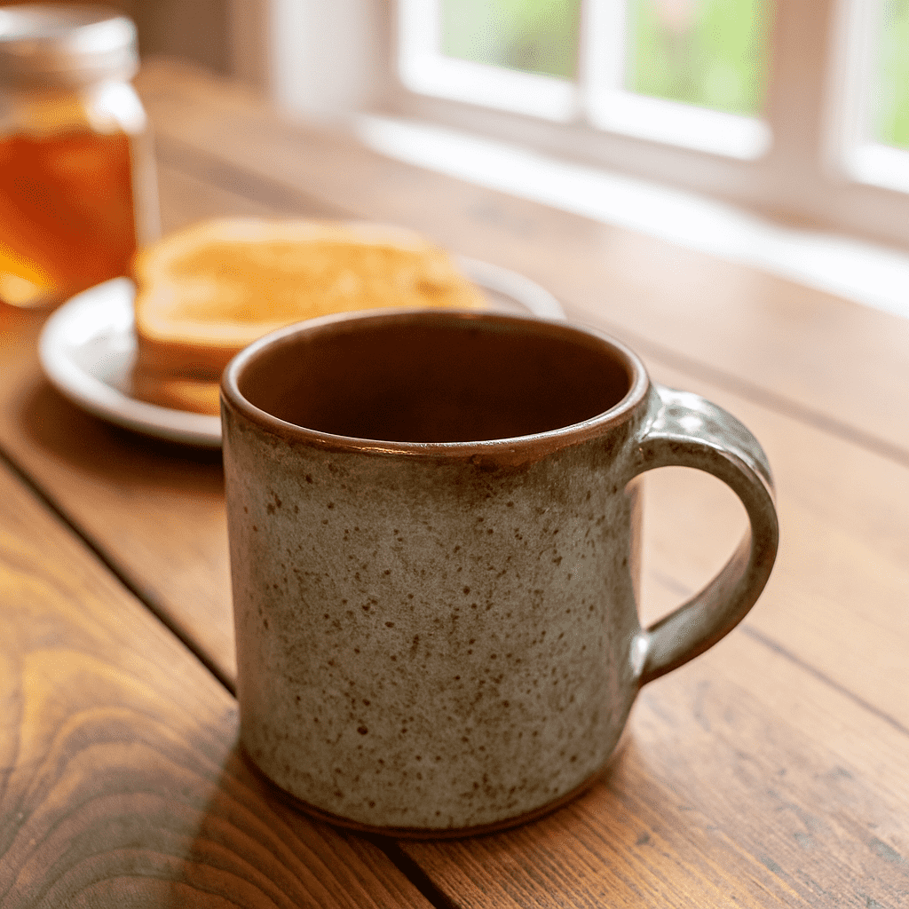 Clay coffee mug close-up of stoneware