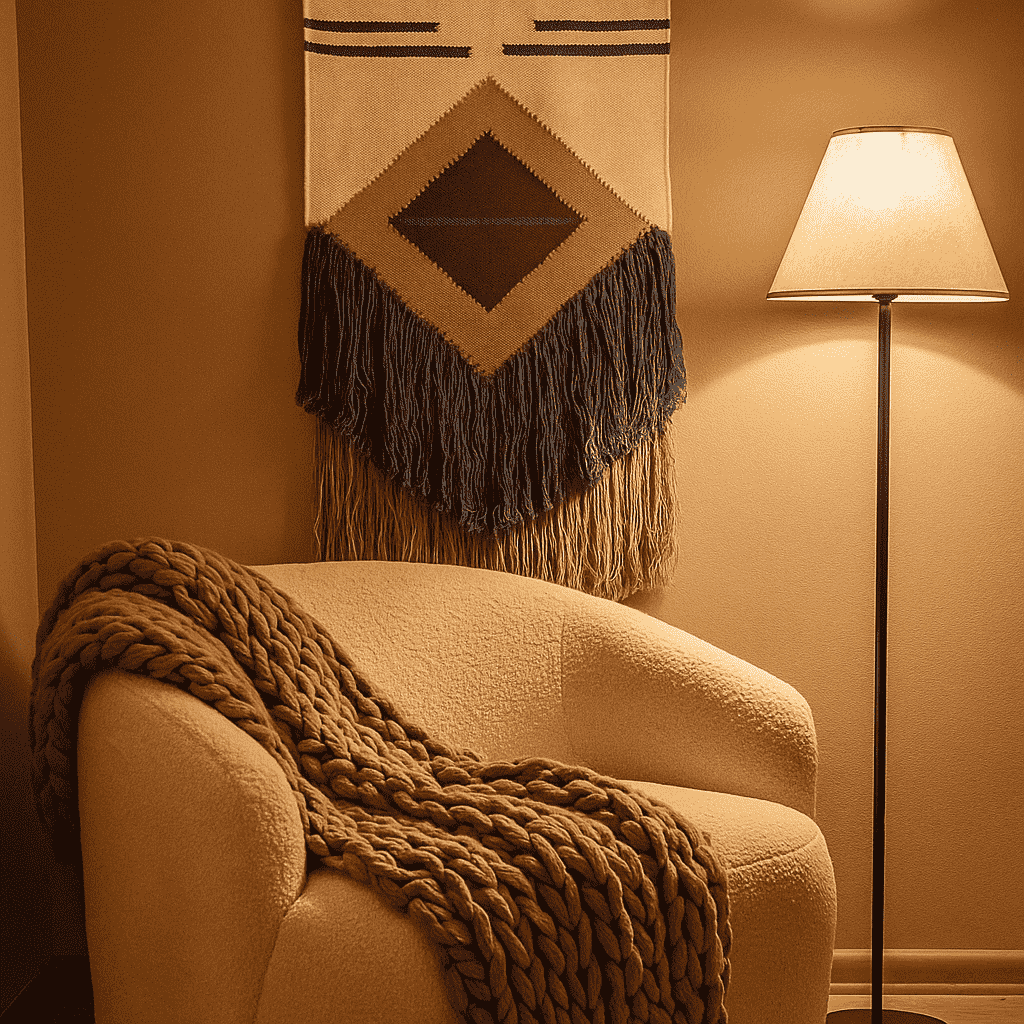 Two tone fringe wool wall hanging shown at an angle