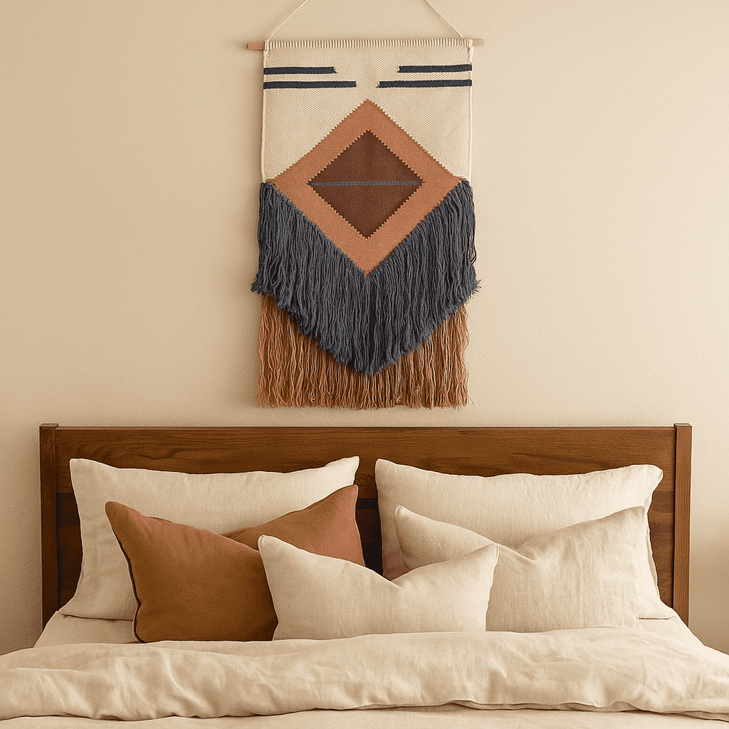 Two tone fringe wool wall hanging in a styled bedroom