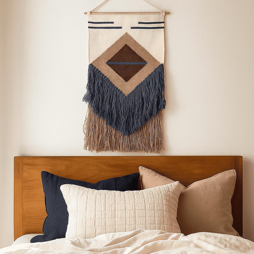 Two tone fringe wool wall hanging on a plain wall