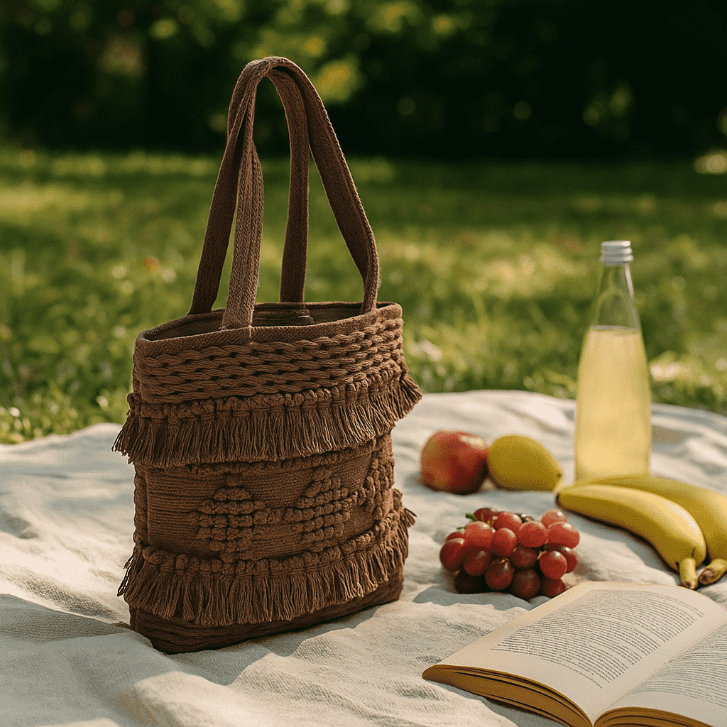 Cocoa tufted tote bag worn on shoulder