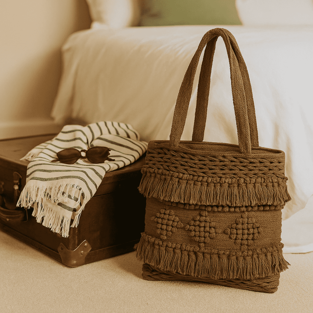 Cocoa tufted tote bag handle detail