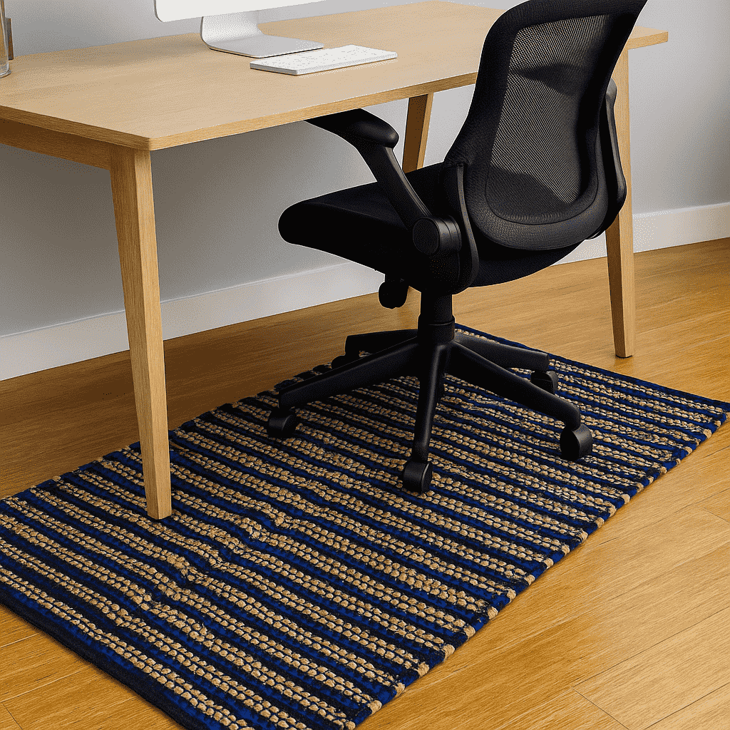 Striped jute rug styled on a floor