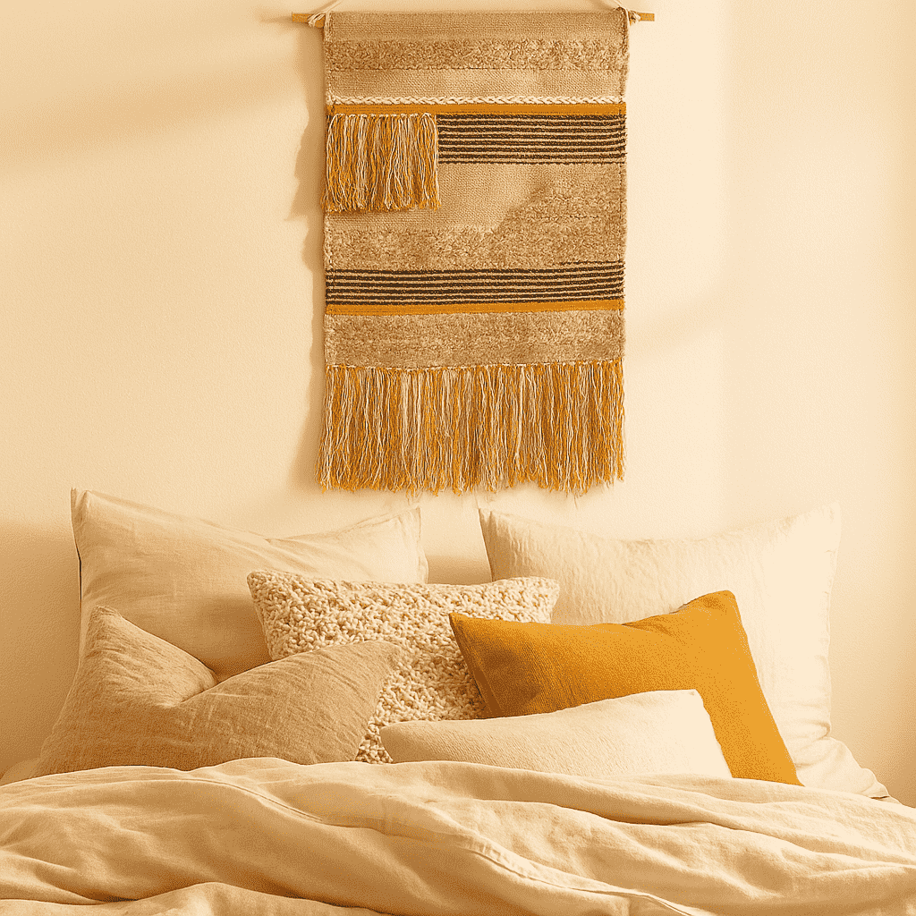 Multicolour cotton fringe wall hanging close-up showing woven colour bands