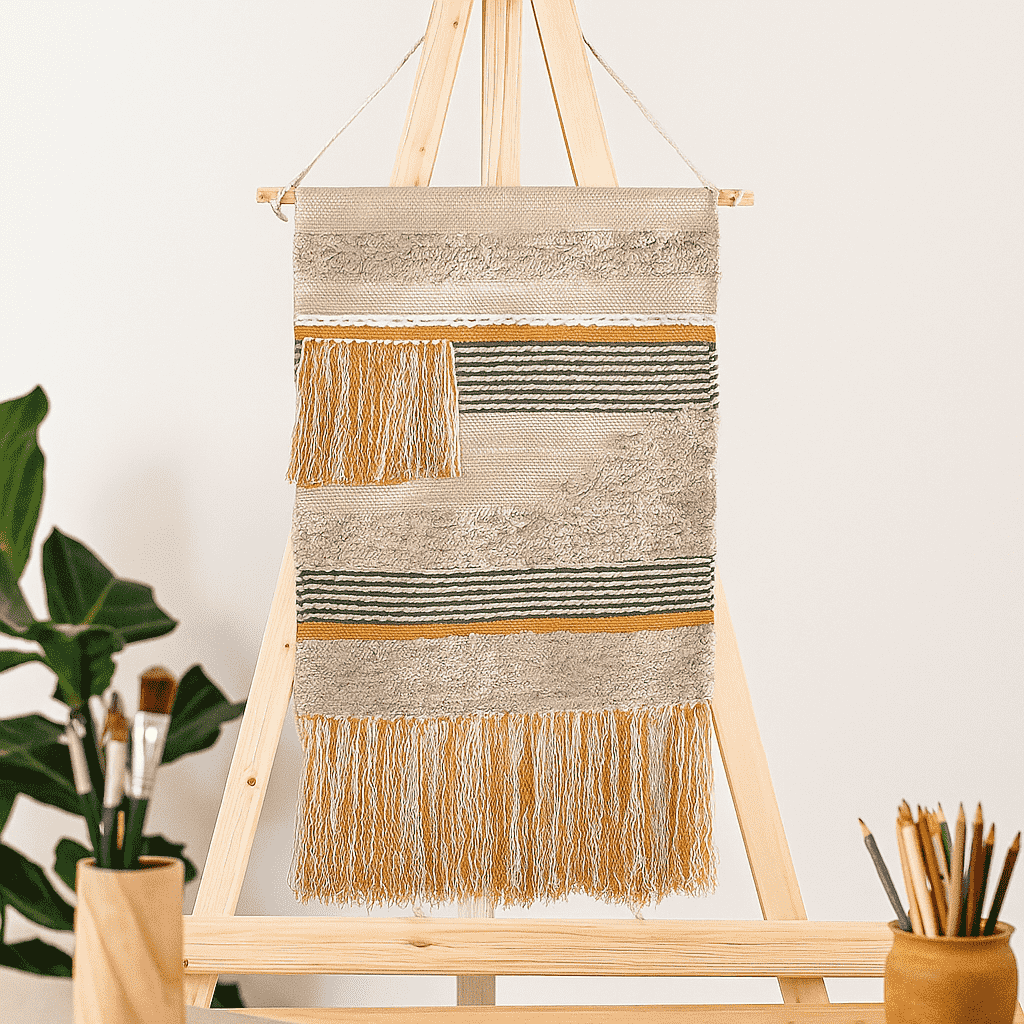 Multicolour cotton fringe wall hanging styled in a boho living room